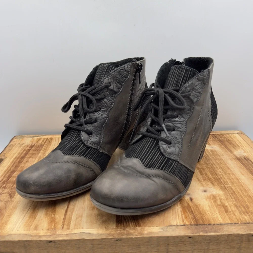 Remonte Ankle Boots Gray Leather Corduroy Victorian Lace Up Zip 37 6.5/7 Gothic